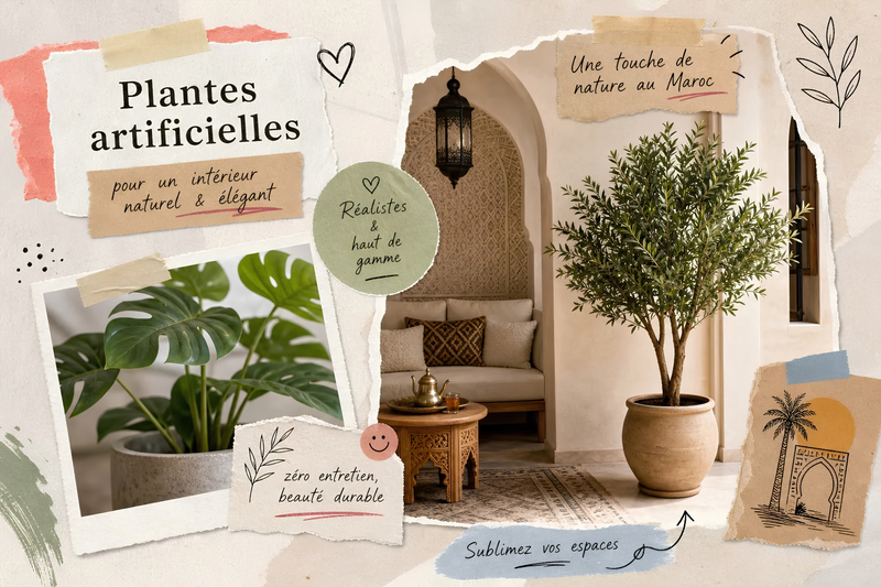 Guide d'achat SaraFlora présentant une sélection de plantes artificielles haut de gamme et réalistes pour la décoration d'intérieur au Maroc.
