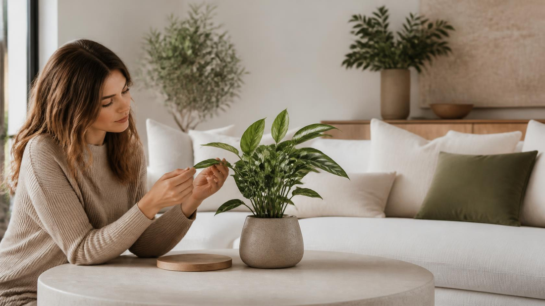 Plante artificielle décorative dans un intérieur lumineux, illustrant les critères de sécurité à vérifier avant l’achat.