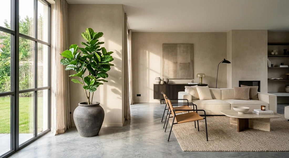 Grand sujet végétal permanent installé dans un salon de luxe aux murs en tadelakt et au sol en béton ciré, baigné d'une lumière naturelle latérale.