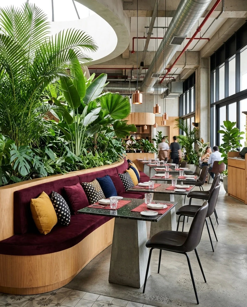 Aménagement végétal biophilique dans un restaurant haut de gamme illustrant l'intégration de plantes tropicales autour des espaces d'assise.