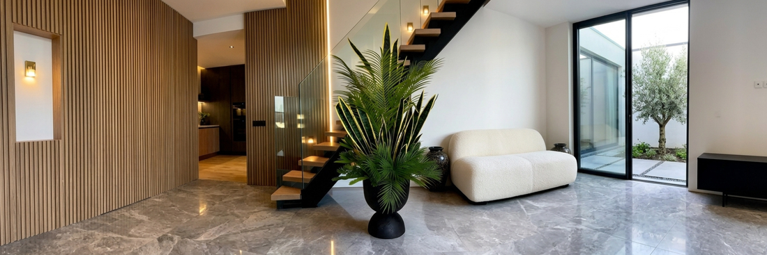 Grand arrangement floral et plante artificielle d'intérieur combinant Sansevieria aux bords jaunes et frondes de palmier dans un pot sculptural noir.