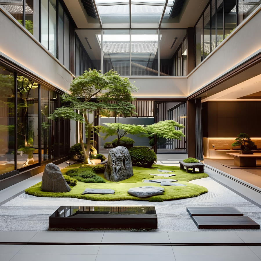 Aménagement d'un jardin zen japonais (karesansui) sous une verrière architecturale, combinant érables du Japon artificiels, mousse stabilisée, rochers et gravier ratissé, avec bassin d'eau miroir et passerelles en bois.