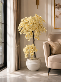 Arbre aux Fleurs de Soie, plante artificielle premium dans un pot blanc design, idéale pour la décoration intérieure moderne au Maroc.