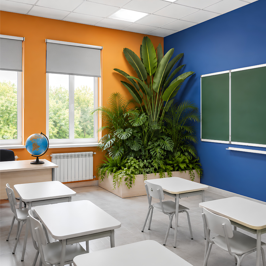 Coin végétal artificiel dans une salle de classe colorée, jardinière avec bananier, palmiers et plantes tropicales - SaraFlor