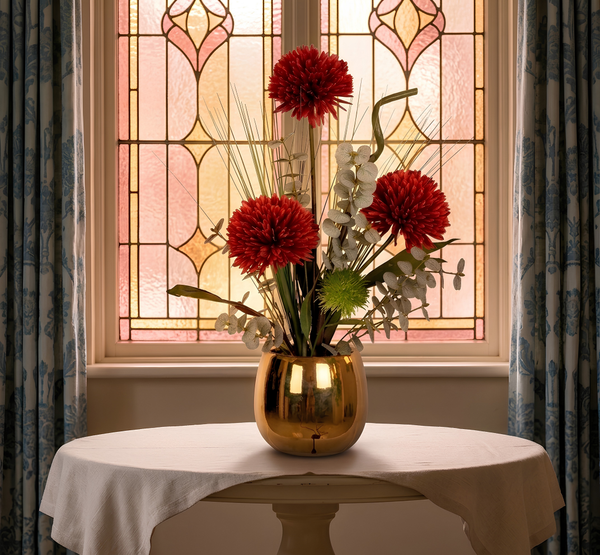 Composition Florale Artificielle Chrysanthème Rouge Vase en Porcelaine Dorée