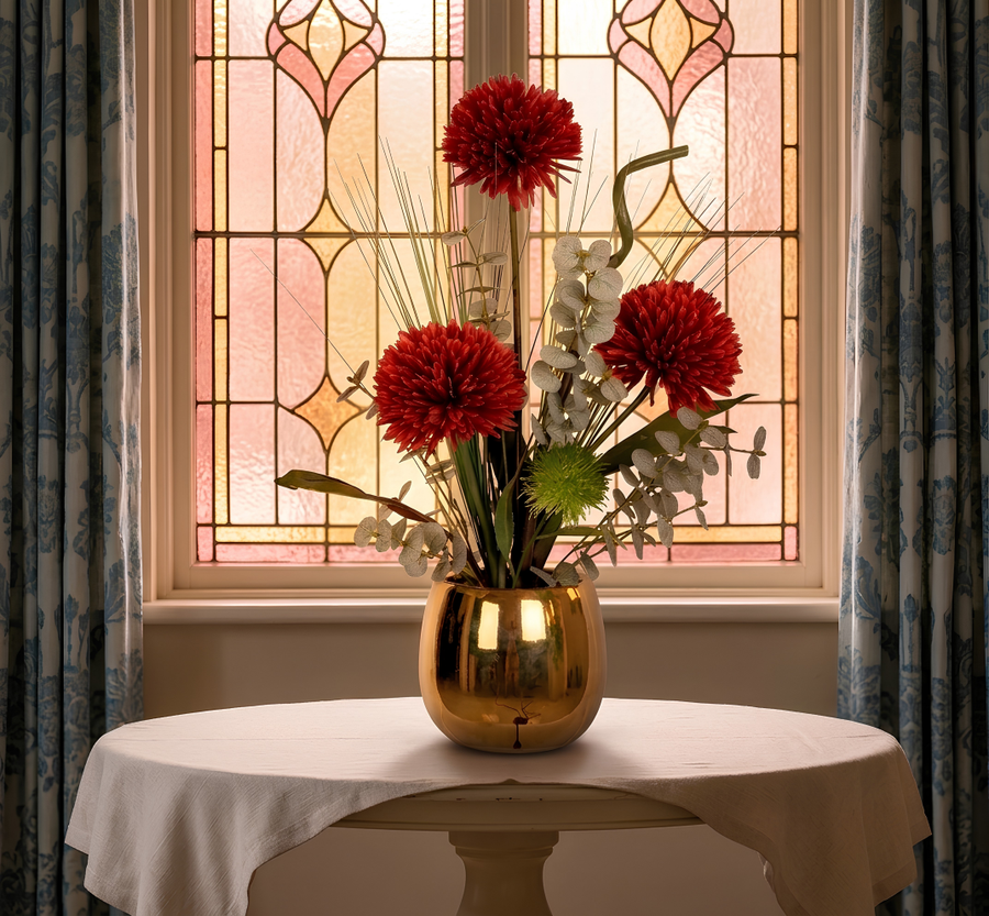 Magnifique arrangement de chrysanthèmes rouges artificiels et d'eucalyptus dans un vase rond en porcelaine dorée brillante, posé sur une table ronde recouverte d'une nappe blanche devant une fenêtre en vitrail coloré.