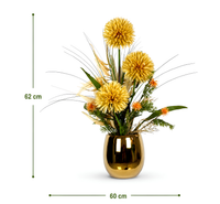 Composition florale artificielle jaune et dorée de 62 cm de hauteur et 60 cm de largeur, avec vase doré, idéale pour une décoration intérieure élégante – Sara Flora