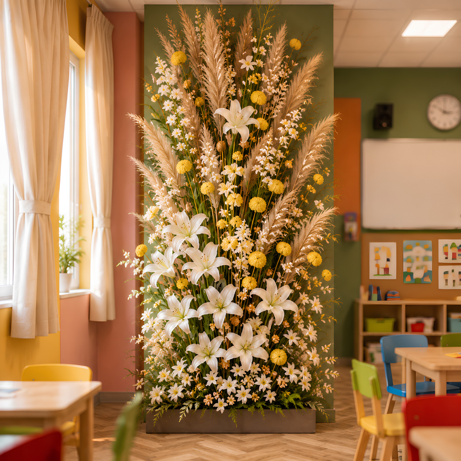 Composition florale artificielle verticale géante avec lys blancs et boules jaunes, point focal dans une salle de classe colorée - SaraFlora