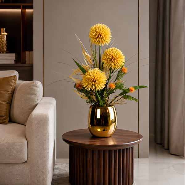 Arrangement Floral Artificiel Jaune et Orange Pot en Porcelaine Brillant