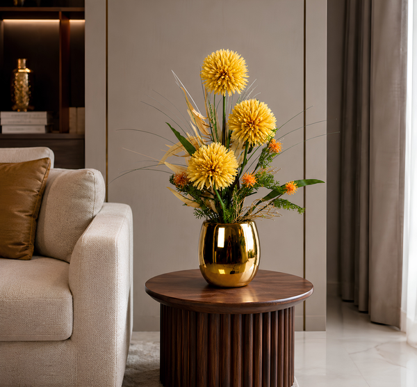 Arrangement Floral Artificiel Jaune et Orange Pot en Porcelaine Brillant