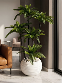 Cycas Revoluta Artificiel 124cm – Pot Blanc & Stabilisation Marbre Gris (Emballage Bois)