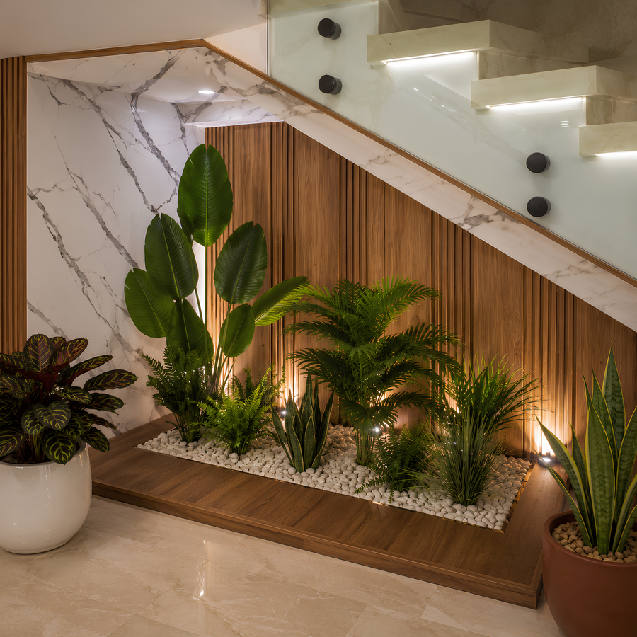 Jardin intérieur sous escalier avec plantes artificielles haut de gamme, Strelitzia, palmier et Sansevieria, galets blancs, bois et éclairage chaleureux dans une résidence moderne.
