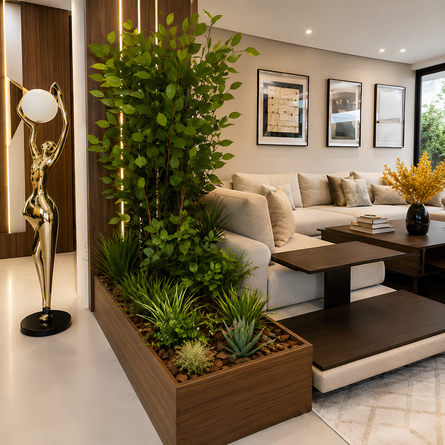 Jardin végétal artificiel sur mesure dans un salon contemporain, composé de feuillages verts, graminées ornementales et plantes décoratives dans une jardinière en bois.