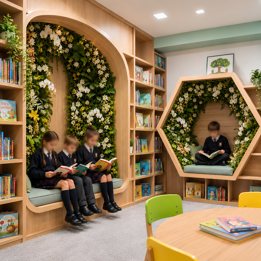 Niches de lecture encadrées de mur végétal artificiel fleuri avec enfants lisant, bibliothèque scolaire - SaraFlora