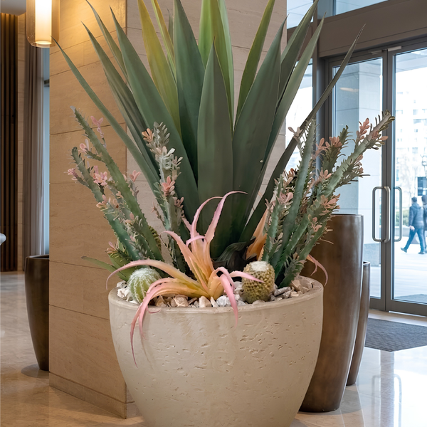 Oasis Désertique – Agave et Cactus Pot Mélamine Texturé 100 cm