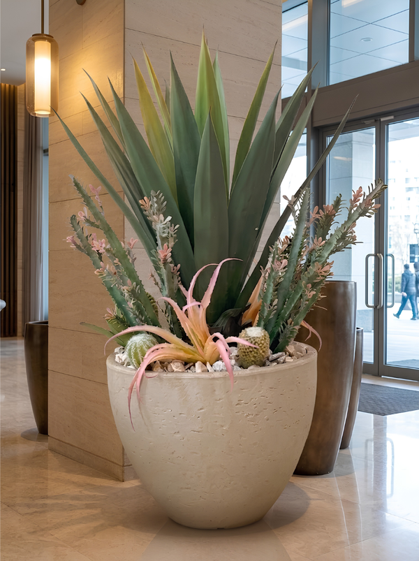 Oasis Désertique – Agave et Cactus Pot Mélamine Texturé 100 cm