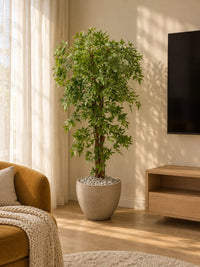 Arbre artificiel Nandina au feuillage vert dense placé dans un coin salon lumineux près d'un meuble TV en bois et d'un fauteuil moutarde