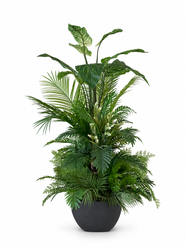 Arrangement botanique artificiel exclusif Verdure Majestueuse de 160 cm dans un pot sphérique en polyéthylène gris anthracite