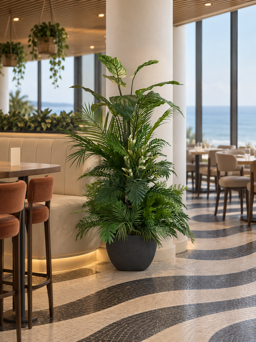 Arrangement botanique artificiel Verdure Majestueuse dans un restaurant de luxe près de colonnes et vue sur mer