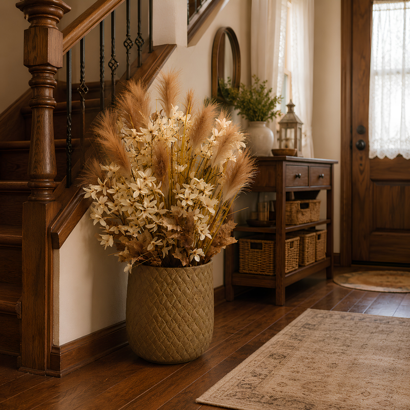 Arrangement bohème de plumes de pampa beige dans un vase texturé tressé — Décoration entrée maison avec escalier en bois Saraflora Maroc