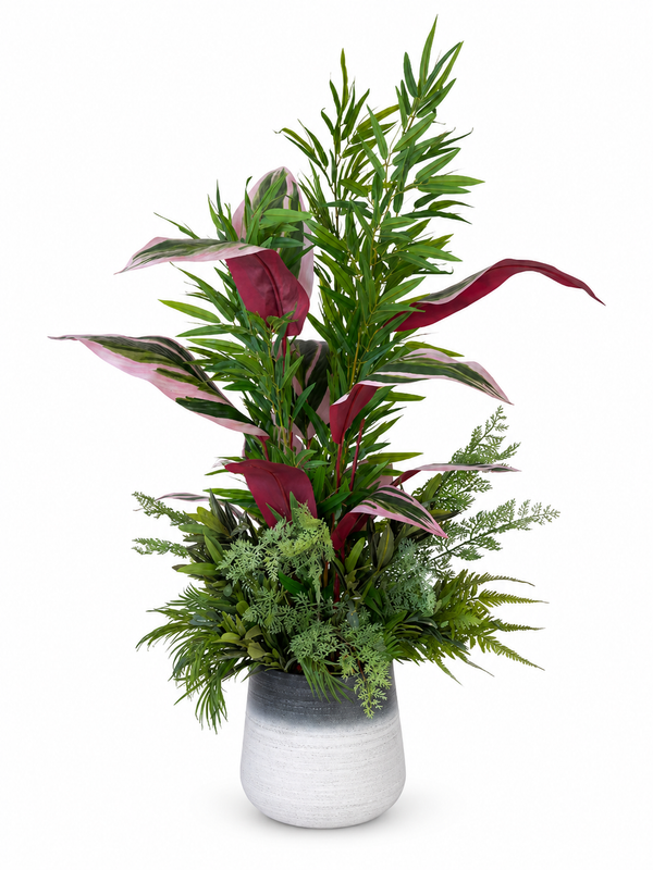 Arrangement tropical exclusif de 5 variétés de feuillage artificiel dans un pot en polyéthylène bicolore gris et blanc