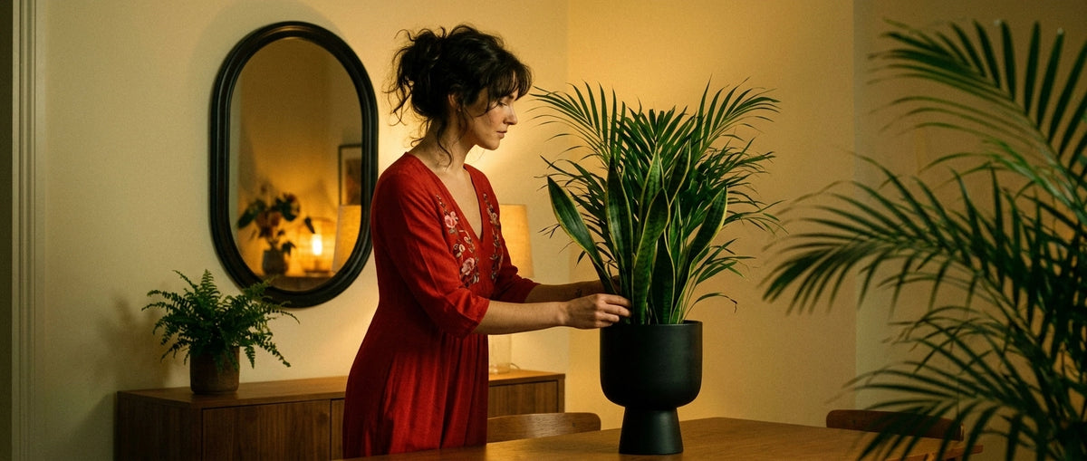 Collection de plantes artificielles au Maroc : femme agençant une composition végétale élégante.