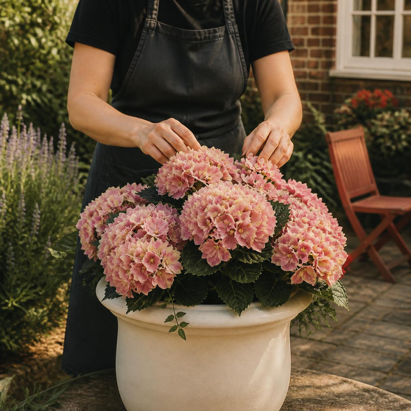 Personne arrangeant un pot de magnifiques fleurs artificielles roses pour la décoration - SaraFlora