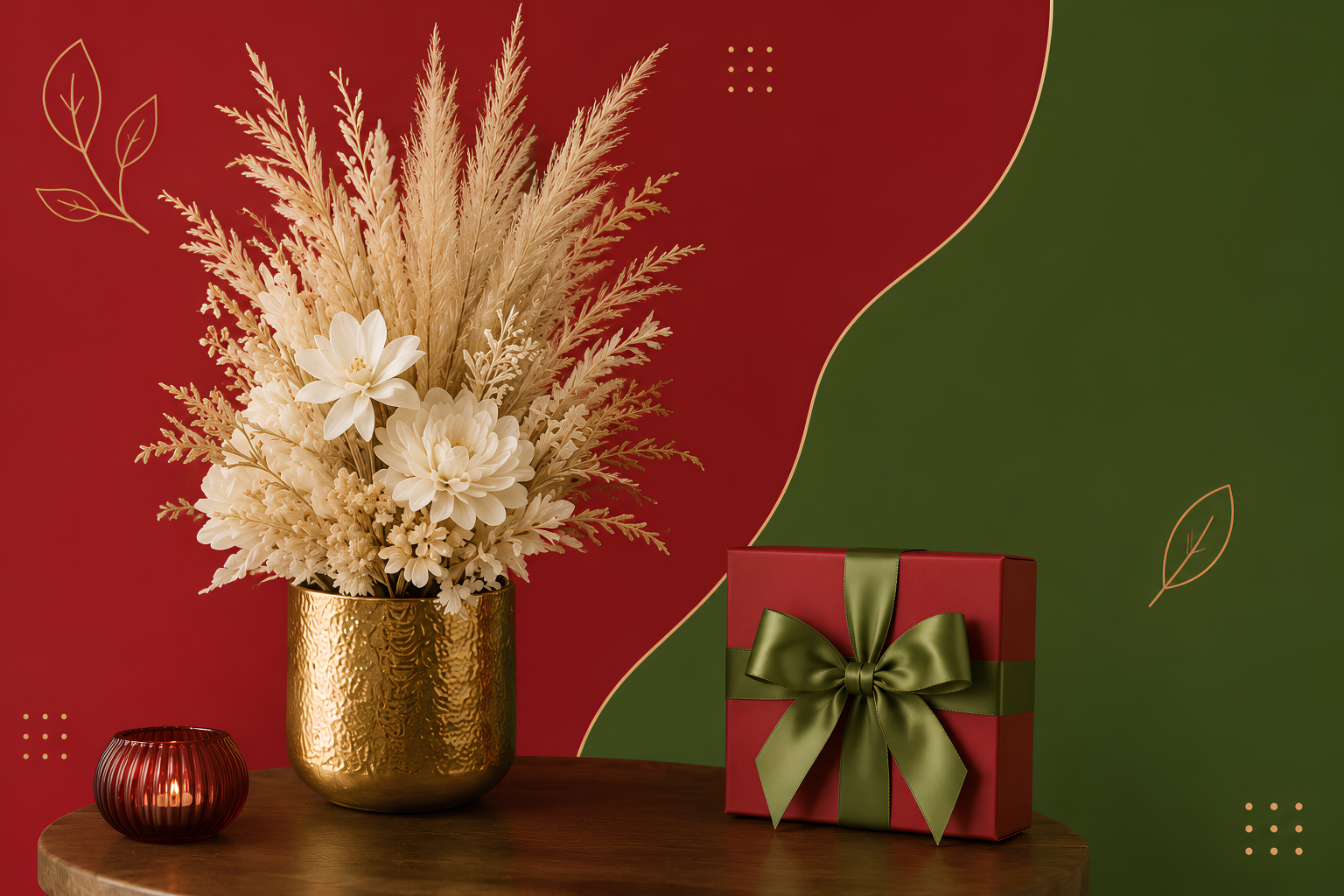 composition florale artificielle de luxe dans un vase doré avec coffret cadeau, idée cadeau élégante au Maroc, photographie originale réalisée par SaraFlora.