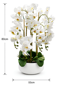 Composition florale artificielle d’orchidées blanches de 80 cm dans un pot blanc décoratif de 53 cm, idéale pour salon, bureau et hôtel au Maroc – Sara Flora