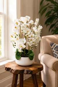 Composition florale artificielle d’orchidées blanches dans un pot blanc décoratif sur une table d’appoint en bois près d’une fenêtre dans un salon élégant au Maroc – Sara Flora