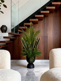 Composition tropicale artificielle Sansevieria et palmiers dans un vase noir haut, disposée au centre d'un salon moderne entre deux fauteuils blancs et au pied d'un escalier en bois.   
