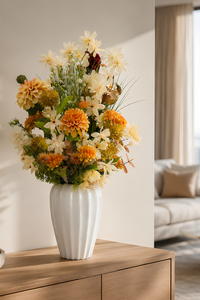 Composition florale artificielle Éclat d'Ambre de 83 cm avec dahlias orange et jaunes, fleurs blanches étoilées, boules florales dorées, feuillage décoratif et grand vase en porcelaine blanche cannelée. Décoration élégante pour salon, hôtel, riad, restaurant et bureau, disponible chez SaraFlora avec livraison partout au Maroc.
