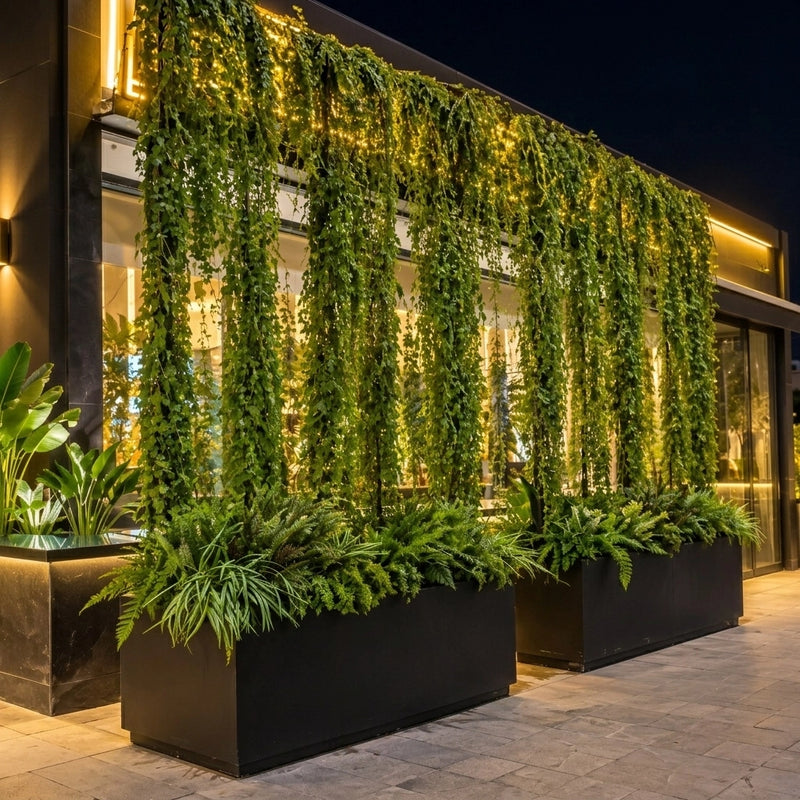 Façade moderne de restaurant décorée de plantes vertes artificielles suspendues dans de grands bacs noirs sous un éclairage chaleureux en soirée