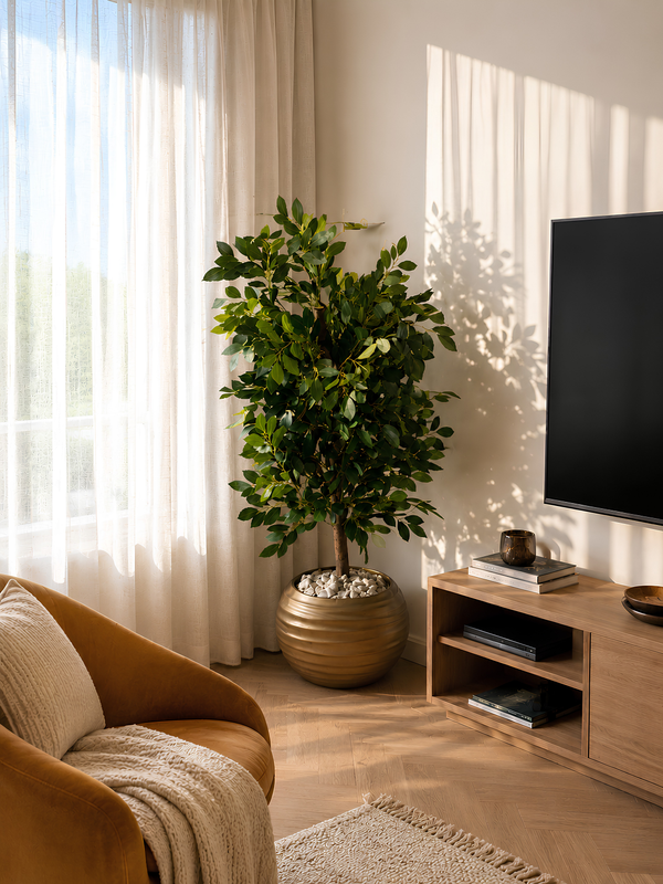 Ficus dense artificiel 110cm avec pot doré et galets blancs — décoration salon Maroc | Saraflora