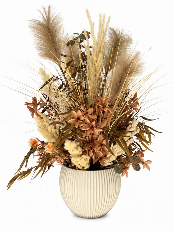 Fleur artificielle composition séchée champêtre 80 cm avec herbes de pampa, fleurs terracotta et vase en polyéthylène strié SaraFlora
