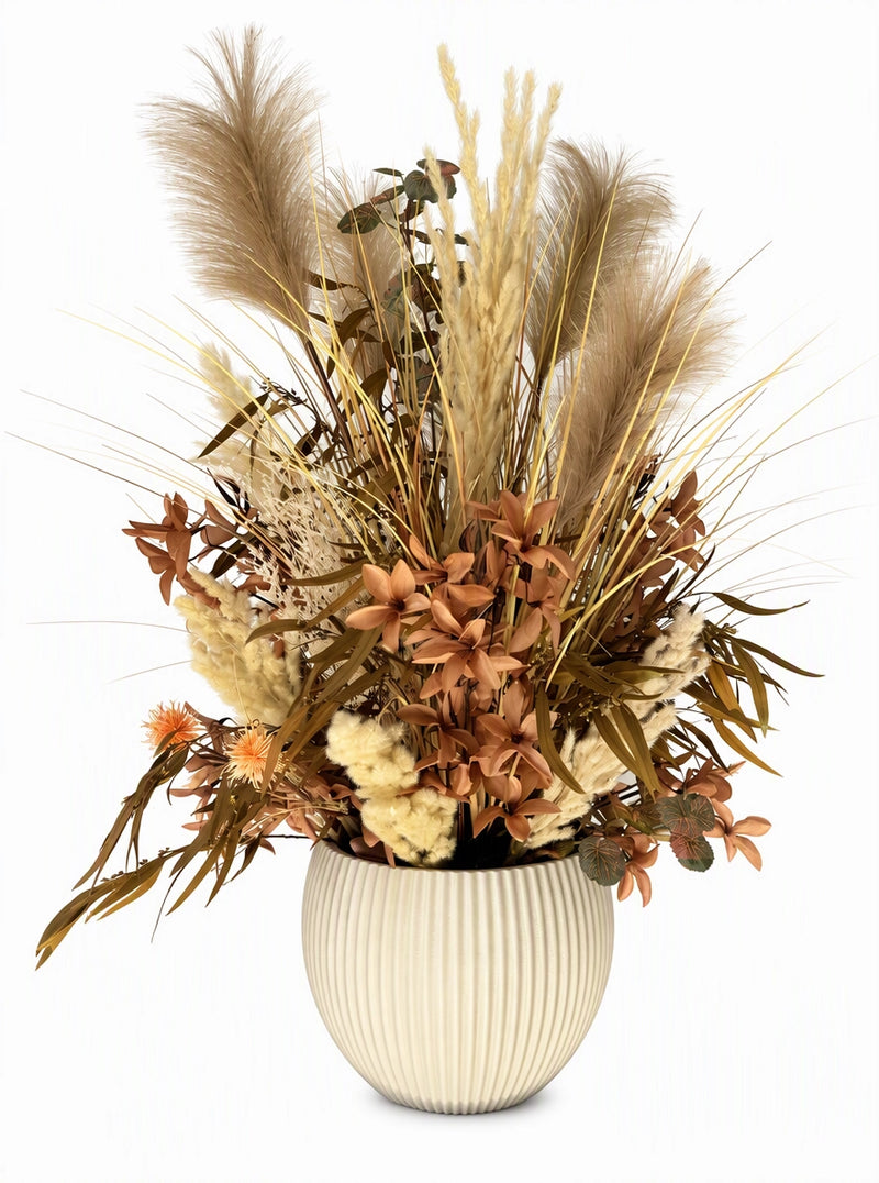 Fleur artificielle composition séchée champêtre 80 cm avec herbes de pampa, fleurs terracotta et vase en polyéthylène strié SaraFlora