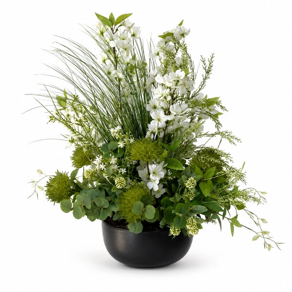 Vue studio sur fond blanc de la fleur artificielle Symphonie de Névada de 60 cm de hauteur dans un pot bas noir mat
