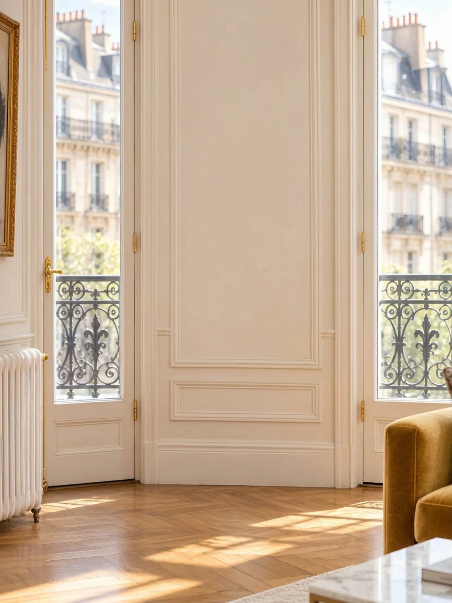 Vue d'un intérieur d'appartement parisien lumineux avant l'installation d'une plante, montrant du parquet, de hauts plafonds avec moulures, des murs blancs et de grandes portes-fenêtres avec balcons donnant sur des bâtiments d'architecture haussmannienne, inondé de lumière naturelle.
