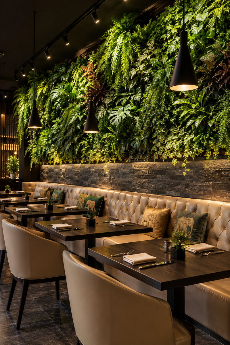 Mur végétal artificiel haut de gamme éclairé au-dessus d'une banquette en cuir dans la salle d'un restaurant moderne 