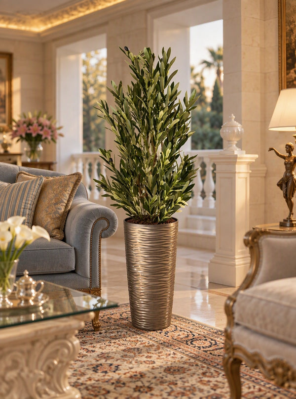 Alt Text: Arbre olivier artificiel réaliste dans un grand pot cylindrique texturé bronze, installé dans un salon luxueux au Maroc.   