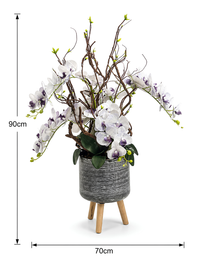 Orchidées blanches et violettes artificielles de 90 cm de hauteur et 70 cm de largeur, dans un pot décoratif sur pieds, disponibles au Maroc
