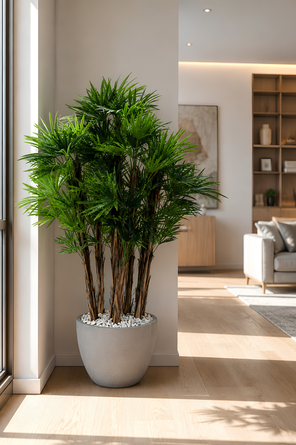 Palmier artificiel Royal Tropical 151 cm présenté dans un salon moderne avec feuillage tropical dense, multiples troncs réalistes, pot design gris effet minéral et galets blancs décoratifs. Décoration intérieure haut de gamme pour maison, hôtel, riad, bureau, restaurant et showroom. Livré partout au Maroc par SaraFlora avec emballage premium en bois pour une protection optimale pendant le transport