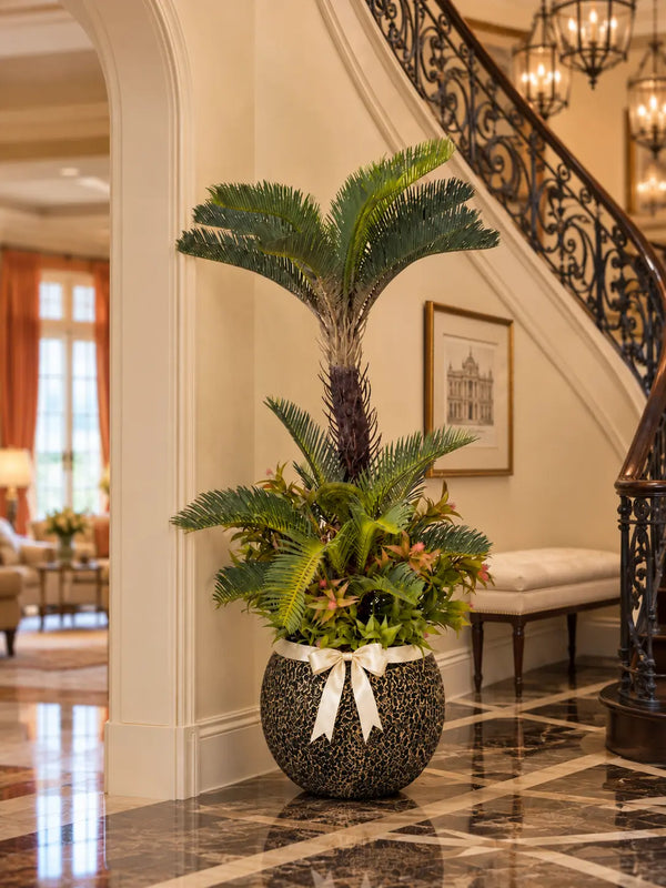 Palmier cycas artificiel effet réel dans un grand pot doré effet pierre, dans l'entrée d'une maison de luxe avec escalier en fer forgé et sol en marbre