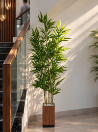 Aménagement d'un hall d'entrée baigné de lumière naturelle avec un bambou artificiel de 170 cm et son pot en bois SaraFlora