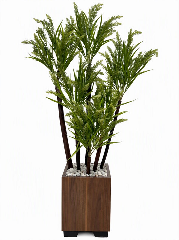 Plante artificielle Dracaena fleuri haut de gamme hauteur 145 cm et largeur 70 cm dans un bac carré en bois noyer avec graviers blancs SaraFlora