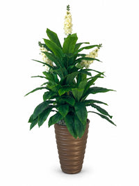 Plante artificielle jacinthe blanche en épi avec feuillage vert dense et pot bronze strié sur fond blanc