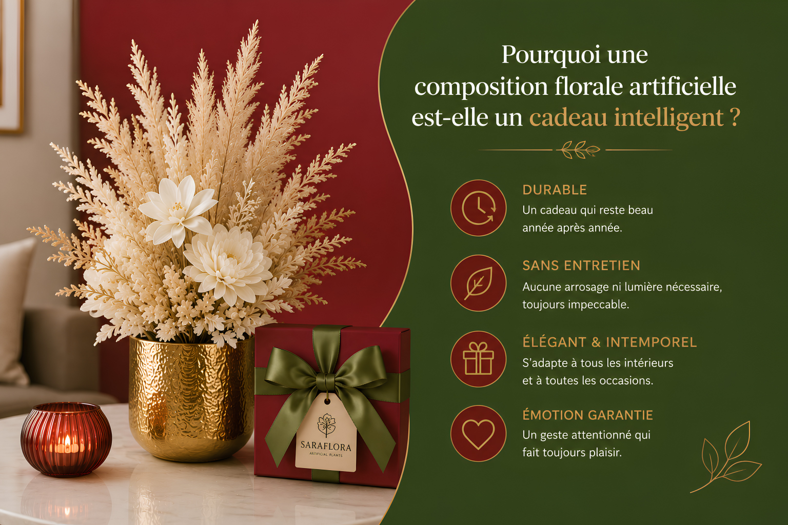 Pourquoi une composition florale artificielle est-elle un cadeau intelligent ? Illustration SaraFlora montrant une composition florale artificielle de luxe avec coffret cadeau, symbole d'un cadeau durable, élégant et sans entretien au Maroc.