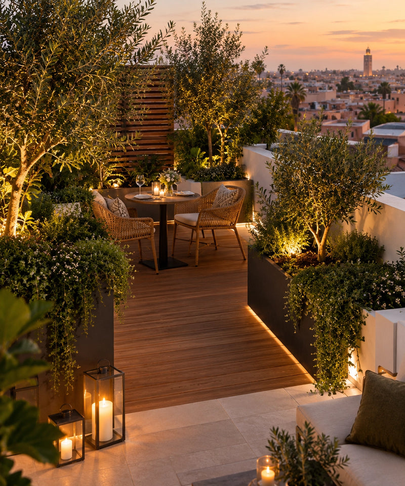 Terrasse de rooftop d'un hôtel à Marrakech aménagée avec de grandes jardinières, des arbres artificiels, un espace lounge et un éclairage d'ambiance au coucher du soleil. 