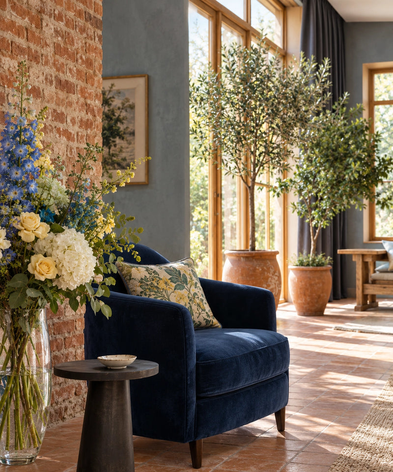Composition florale en premier plan et sujets végétaux permanents en pots de terre cuite dans un salon baigné de lumière naturelle avec mur en briques et fauteuil en velours bleu.